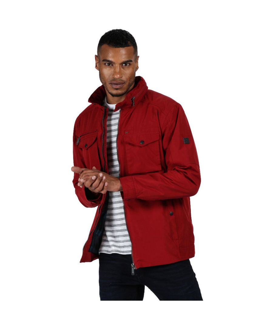 Mens Regatta Haldor Lightweight Jacket in red.- Lightweight concealed hood with adjusters.- Full zip fastening.- 2 x chest button pockets.- 2 x hand button pockets.- Internal security pocket.- Durable water repellent finish.- Adjustable cuffs.- Taped seams.- 100% Polyester.- Ref: RMW313649