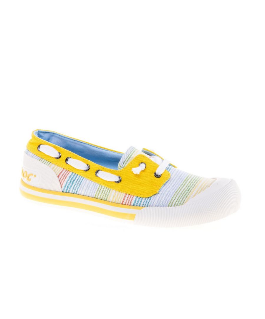 Met een bovenwerk van zacht textiel. deze geel met gestreepte sneakers van Rocket Dog bieden de perfecte combinatie van comfort en fashion. De instappers hebben een rubberen neus en hielkooi. gedempte schuimrubberen binnenzool. zomers design en hebben een comfortabele voering van textiel.