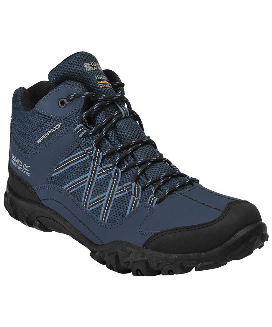 These mens Edgepoint outdoor boot is ready for fast hikes and multifunctional use, with a state of the art mixed synthetic and textile upper that combines light, breathable support with mid-cut protection. Featuring Isotex and hydropel water resistant technology, designed to keep feet fresh and dry.\n The padding around the collar and tongue provides comfort, and a slip-resistant outsole helps you stabilise on rugged ground with the best grip and premium agility.\n - Isotex - seam sealed waterproof internal membrane liner\n - Hydropel- water resistant technology\n - Textile/synthetic upper\n - Padded collar and tongue for all day comfort\n - EVA comfort footbed\n - Stabilising shank technology for underfoot protection\n - Lightweight TPR outsole\n - Regatta branding