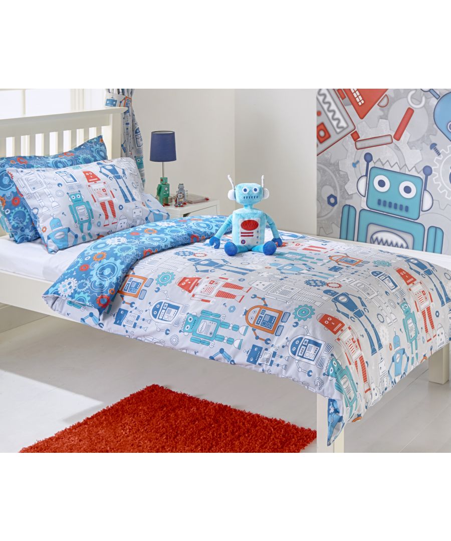 Send your child off to dreamland with this enchanting Robot duvet set. The toddler duvet set features a reversible design with a group of friendly cartoon robot characters on the front and a blue pattern of cogs and gears on the reverse. The Robot duvet set features a secure button closure and includes a matching reversible pillowcase. Specifically made to coordinate with the matching Riva Home Robot curtains, toy and wall mural for a truly immersive experience.