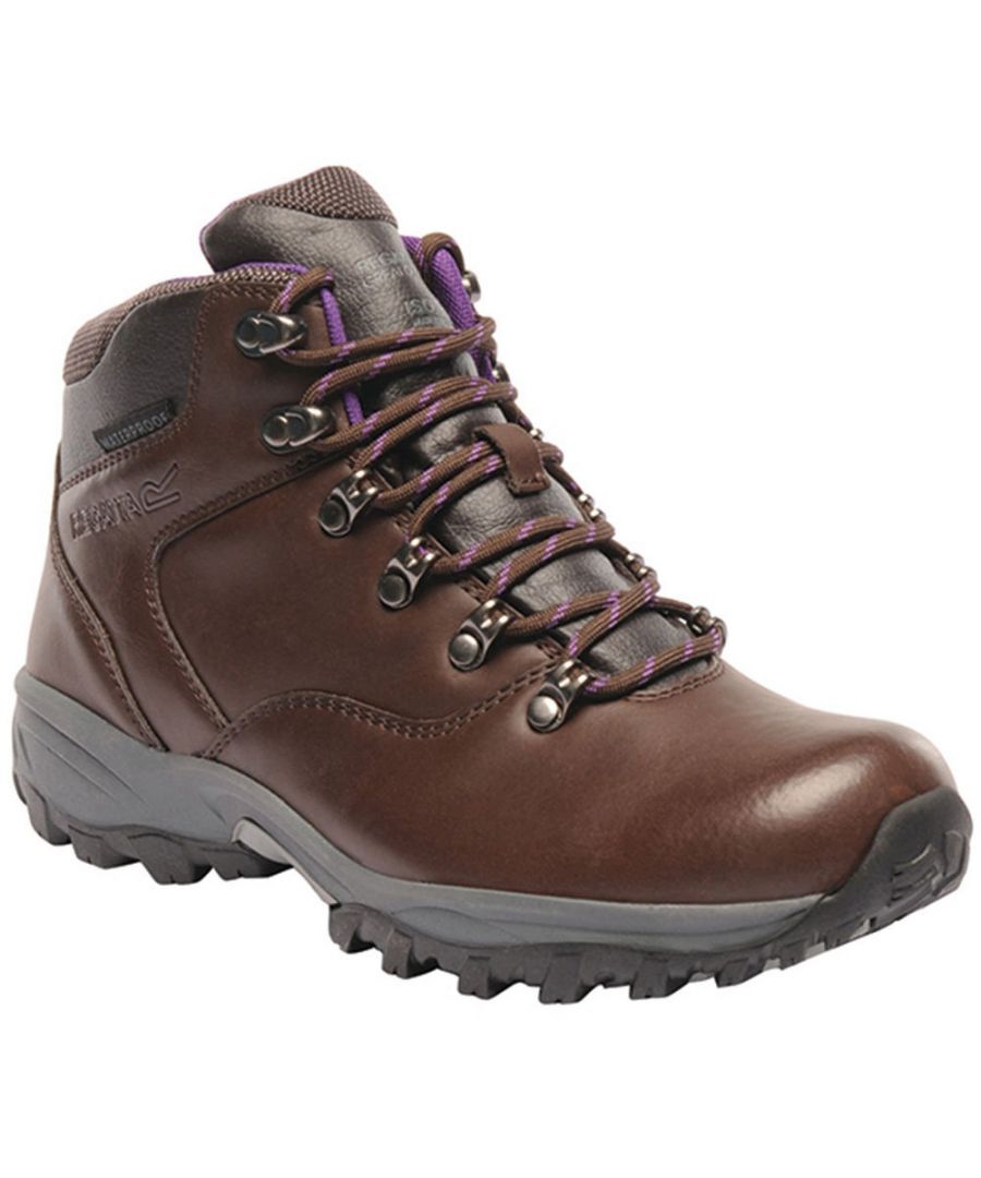 Regatta Bainsford Leather Womens Waterproof Walking Boots Brown. Leather Upper. Manmade Lining. Synthetic Sole. Ladies Womens Lady Bainsford Regatta Walking Boots Hikers Adventure.