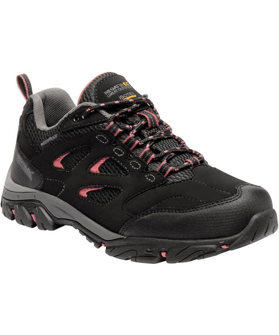 These Regatta Holcombe walking / hiking shoes feature a waterproof upper membrane to keep your feet dry in testing conditions, further enhanced with Hydropel water repellent technology to the upper for additional water resistance.\n The Holcombe is a comfortable option with a breathable upper  complimented with a well-padded ankle collar and tongue for sumptuous, fatigue free wear. Reinforced, abrasion resistant heel and toe bumpers ensure you have the durability and protection where you need it most, as well as a speed lacing system for a true lockdown fit.\n The Holcombe has great foundations  an EVA comfort insole combines with an IEP midsole construction for the upmost in shock absorption and support, as well as a durable lugged rubber outsole with self-cleaning properties for max grip on a wide variety of surfaces.\n - Breathable synthetic textile upper\n - Waterproof membrane\n - Speed lacing system\n - Padded ankle collar and tongue\n - Abrasion resistant heel and toe bumpers\n - EVA comfort insole\n - IEP midsole construction\n - Durable, lugged, self-cleaning rubber outsole for max grip\n - Heel loop for easy on /off wear\n - Regatta branding throughout