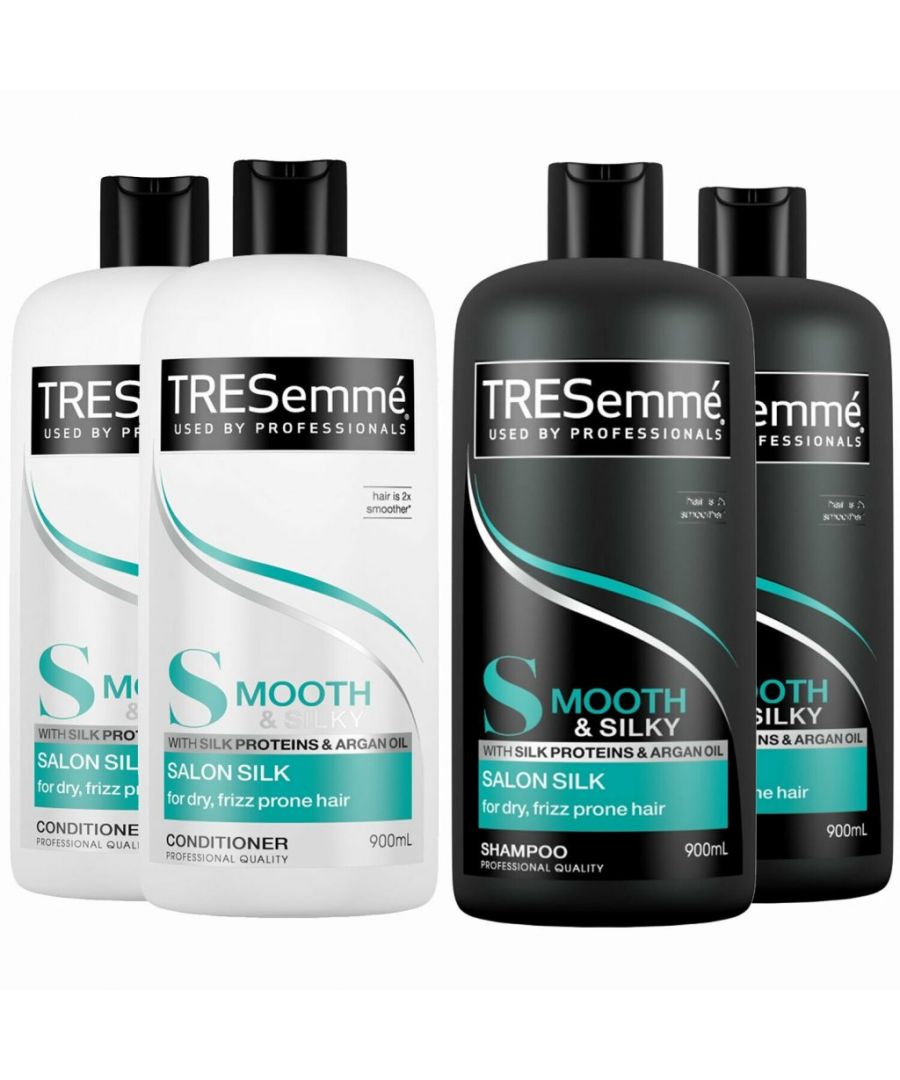 TRESemme Silky Smooth Salon Silk Shampoo & Conditioner, Pack of 2, 900ml\n\nThe TRESemme Silky Smooth Shampoo and Conditioner system delivers moisture where your hair needs it most, calming frizz and flyaways without weighing hair down. This advanced smoothing system enriched with Moroccan argan oil cleanses and helps tame unruly hair, leaving it smooth and salon-soft. This hydrating Shampoo and Conditioner is light enough for daily use.\n\n    Enhanced smoothing system with intensely moisturising formula.\n    An advanced smoothing system with Moroccan argan oil.\n    This sleek shampoo cleanses and helps tame unruly hair\n    Contains silk proteins and vitamin.\n    Calms frizz and flyaway for smoother, silkier hair.\n    Leaves your hair looking salon-smooth\n    Lightweight formula is ideal for daily use.\n\nHow to Use: \n\n    Coat hair with a liberal amount of shampoo.\n    Gently massage the scalp and roots with fingertips to work into a lather.\n    Lightly squeeze the shampoo from roots to ends and rinse thoroughly.\n    Finish with TRESemmé Salon Silk Conditioner.\n    First apply an adequate amount of conditioner from mid-shaft to ends. \n    Work anything that's left through roots. \n    Run a wide-tooth comb or fingers from roots to ends to detangle and fully coat hair. \n    Leave on for 2-3 minutes, rinse thoroughly. \n    Style with your favourite TRESemme smooth styling products as needed.\n\n\nCaution : use only as directed. Avoid contact with eyes. If eye contact occurs wash out immediately with warm water. If irritation occurs discontinue use. As we are always looking to improve our products, our formulations change from time to time, so please always check the product packaging before use.