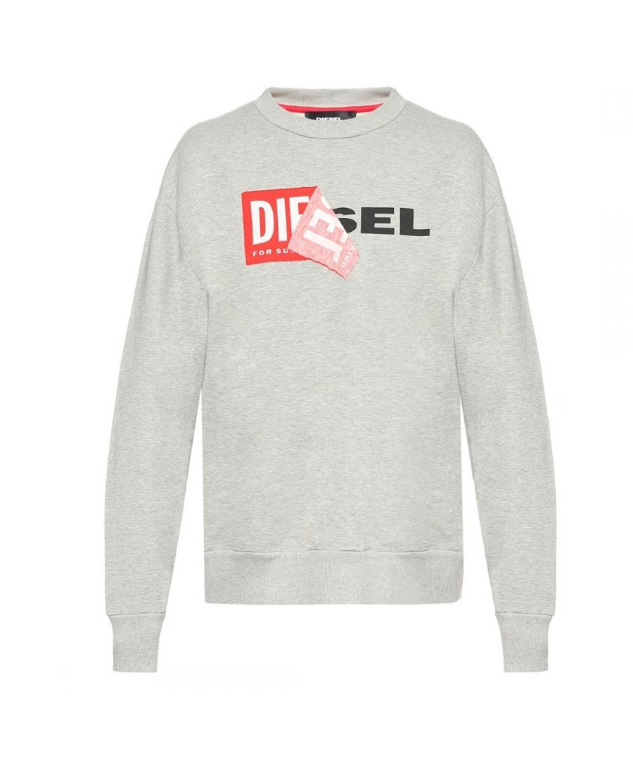 Diesel S-SAMY grijs sweatshirt met gepeld vaklogo. Diesel S-Samy 912 grijze trui met ronde hals. Logo van Diesel met grote geschilde achterkant. Overmaatse pasvorm. Elastische mouw- en taille-uiteinden. 100% katoen