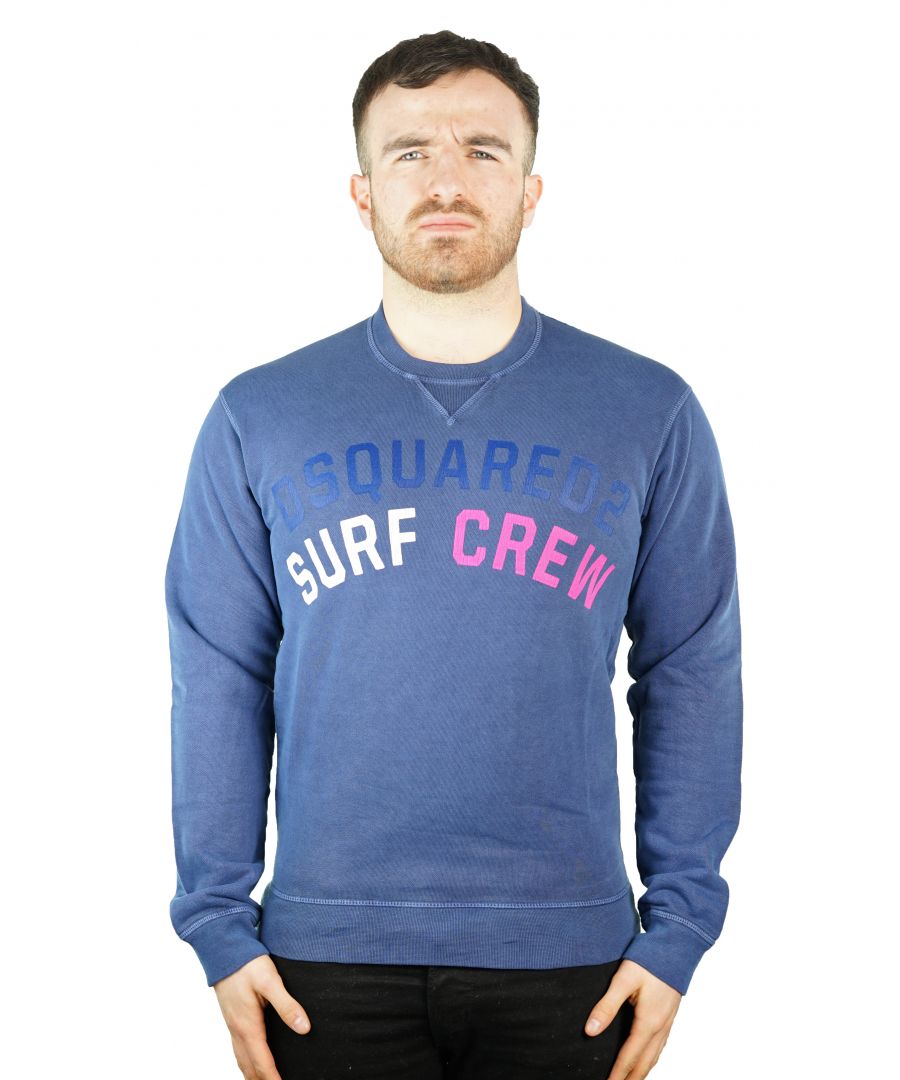 DSquared2 S74GU0156 477 Jumper. 100% Cotton Jumper. Made In Italy. Crew Neck. Ribbed Cuffs and Hem. D2 Branding On Front