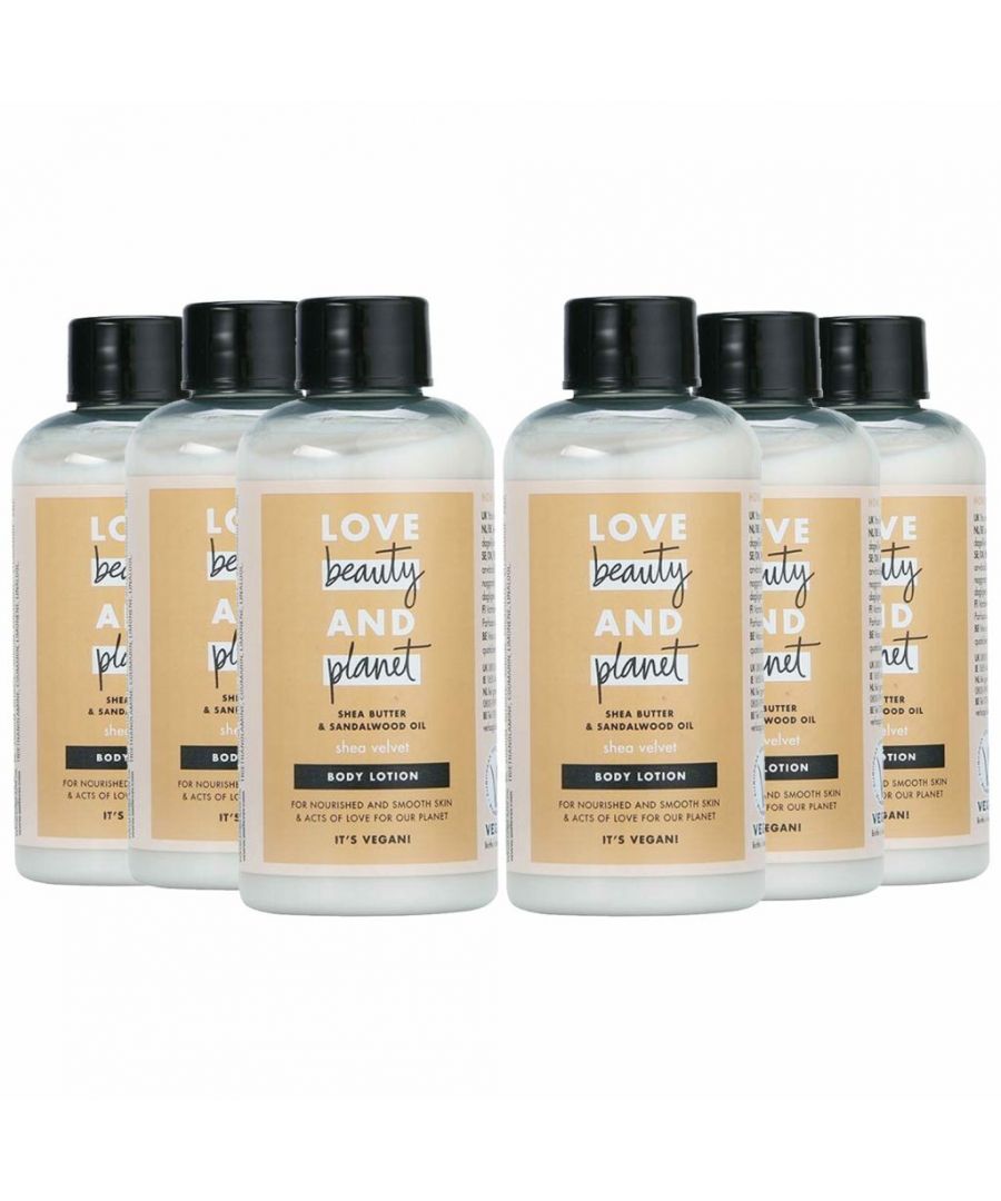 Nourish your skin with this indulgent Love Beauty and Planet Shea Butter and Sandalwood Shea Velvet body lotion.\n\nThis Love Beauty and Planet body lotions provide 24-hour moisturisation and is ideal for all skin types. Infused with Shea Butter and a sensual Sandalwood fragrance, this ultra-moisturising lotion is a fast-track to soft, smooth skin. It leaves your skin nourished and smooth.\n\nYES Vegan, YES paraben free, YES silicone free, YES safe, YES with plant based cleansers, YES Natural Ingredients, YES bottle made from recycled plastics.\n\nLove Beauty and Planet started with one simple goal - whatever they do must be good for beauty and give a little love to the planet. Here’s how…\n\nPowerful & Passionate: Special bottles are made from 100% recycled materials and are filled with fabulous formulas that deliver brilliant care for your hair and body. They’re 100% recyclable too!\n\nGoodies & Goodness: Each collection is infused with organic and sustainable ingredients sourced from around the world and are vegan-friendly too.\n\nScents & Sensibility: Carefully chosen fragrances are part of ethical-sourcing programs which help support the livelihoods of the local partners who harvest wonderful ingredients.\n\nCarbon Conscious & Caring: Love Beauty and Planet want a carbon footprint so small, it's like they weren't even here. So they tracking the CO2 emissions at every step of production.