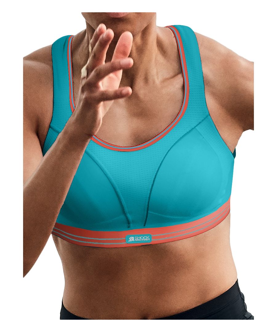 Shock Absorber Ultimate Run bra, this high-impact sports bra is specifically designed for runners - it is made from breathable fabric which helps to draw the moisture away from your skin whilst you exercise.  This sports bra reduces the bounce of your bust by up to 78% and the 'Infinity-8 support system' helps to stop the bust from moving in a figure of eight whilst you run - making sure you are supported correctly during exercise.  The seamless, super soft lining of the cups provides comfort and reduces any uncomfortable chafing whilst the wide padded straps hook together to create a racerback style that dispurses the pressure from your shoulders. Complete with a wide elastic underband and padded hook and eye closure for extra comfort.