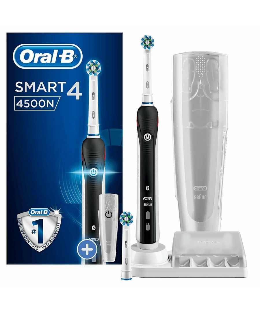 Oral-B Smart 4500N CrossAction Electric 3 Modes Toothbrush With 2 Heads Black\n\n    Experience Oral-B SMART 4, from the brand that brought you the first ever connected rechargeable toothbrush. The sleek handle of the SMART 4 4500N electric toothbrush improves your brushing habits. It seamlessly connects with the Oral-B app in your phone and guides you with real time feedback to brush better. \n    While you are improving your brushing routine, Oral-B's unique round head does all the rest. It removes up to 100 percent more plaque than a standard manual toothbrush for healthier gums and it starts making your smile whiter as of the first day of brushing by removing surface stains. \n    Not only this, but the toothbrush helps you protect your delicate gums with the proprietary pressure control technology that reduces brushing speed and alerts you to be gentler if you brush too hard. With the Smart Coaching, you will improve your brushing habits and your oral health.\n    No wonder Oral-B is the N1 recommended brand by dentists worldwide. Compatible with the following replacement toothbrush heads: Cross Action, 3D White, Sensi Ultrathin, Sensitive Clean, Precision Clean, Floss Action, Tri Zone, Dual Clean, Power Tip, Ortho Care.\n\nKey Features :\n\n    Up to 100 Percent more plaque removal: Round head cleans better for healthier gums.\n    Better brushing results with real-time feedback as you brush.\n    Protect your gums: Pressure sensor alerts you if you brush too hard.\n    Gently whitens your teeth starting from day 1 by removing surface stains.\n    Battery lasts more than 2 weeks with one charge.\n    Know you brush the right amount of time with the 2 minutes professional timer.\n    Three brushing modes including daily clean, whitening and sensitive.\n    Include: One black handle with charger, 2 x brush head, one free travel case.\n\nThe professionally inspired design of the toothbrush head surrounds each tooth and the dynamic movement of 3D cleaning action adapts to your teeth as it oscillates, rotates, and pulsates to break up and remove up to 100% more plaque than a regular manual toothbrush.\n\nFree Travel Case\nA limited edition travel case is included in the pack.\n\t\nPressure Sensor\nThe Visible Pressure Sensor on the PRO 4500 electric toothbrush lights up to alert you when you are brushing too hard. Applying too much pressure can lead to harmful over-brushing, making the pressure sensor an ideal feature for better brushing.\n\t\nPro Timer\nA helpful on-handle timer buzzes every 30 seconds to let you know when it�s time to focus on brushing the next quadrant of your mouth. The electric toothbrush also alerts you when you have brushed for the dentist-recommended time of 2 minutes.\n\n\nNot Available for the following postcodes:\nAB, BT, DB99, DD9-11, EH35-46, FK18-21, AB, BT, DB99, GY, HS, IM, IV, KA27, KA28, KW, KY9-16, PA, PH, PO30-41, TD, TR21-25, ZE