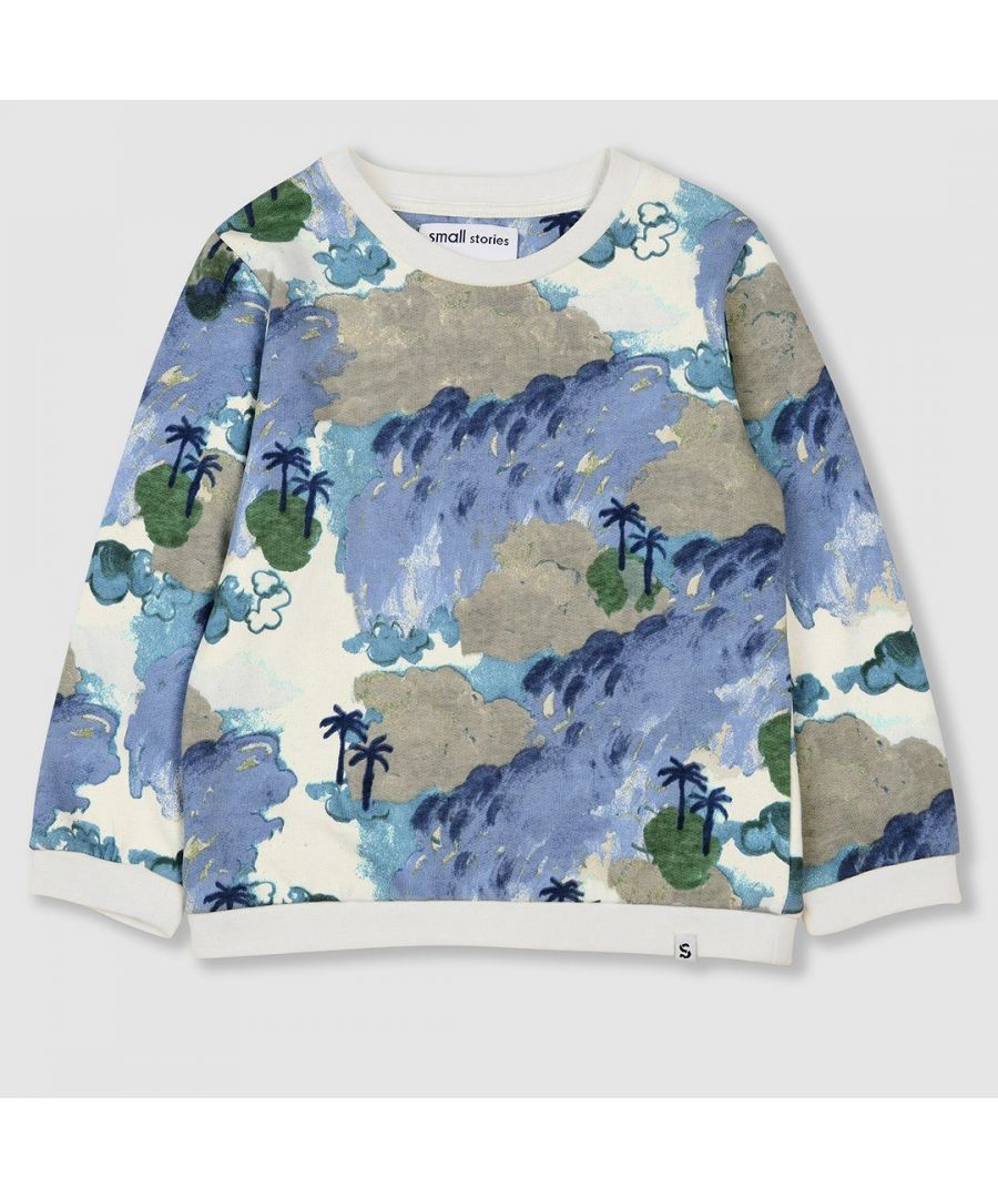 Classic crew neck sweatshirt in off white featuring our limited edition landscape painted print made in 100% super soft cotton. This contemporary print is designed to be unisex with comfy brushed fleece interior. Finished with off white ribbed trims at neck, cuffs and hem. 