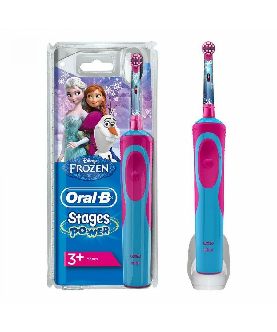 Oral-B Stages Power Kids Electric Toothbrush Featuring Frozen Characters\n\n    Rotating powerhead reaches, surrounds and thoroughly cleans multiple surfaces\n    Extra-soft bristles clean teeth as gently as a soft manual brush\n    Removes more plaque than a regular manual toothbrush\n    Makes brushing teeth fun with Disney Frozen characters\n    Compatible with the Disney Magic Timer app by Oral-B to help kids brush longer\n    9 out of 10 kids will brush longer with the Magic Timer app\n    Rechargeable battery lasts up to 5 days\n\nThe Oral-B Stages Power Kids Electric Toothbrush, featuring Frozen, moves with oscillating-rotating action for a proper clean, helping your kids have fun while they get the maximum out of their oral care routine.\n\t\nThe rotating PowerHead features extra-soft bristles, so your child can get comprehensively clean teeth as they learn proper oral care habits. Ideal for ages 3+, the design is ideal for smaller mouths, putting a powerful yet gentle clean in their growing hands.\n\t\nThe helpful rechargeable battery in the handle ensures that their brushing fun is always ready to go at the touch of a button. The battery can last up to five days on a single charge.