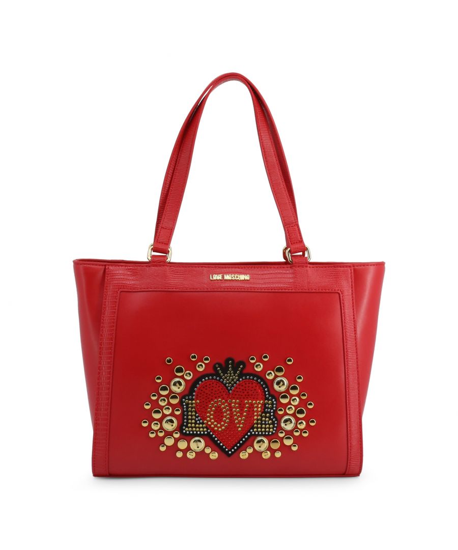 Gender: Woman <br> Type: Shopping bag <br> Material: synthetic leather <br> Main fastening: zip <br> Handles: 2 handles <br> Inside: lined <br> Internal pockets: 2 <br> External pockets: 1 <br> Width cm: 40 <br> Height cm: 26 <br> Depth cm: 10 <br> Details: appliques, with studs, dustbag included, visible logo