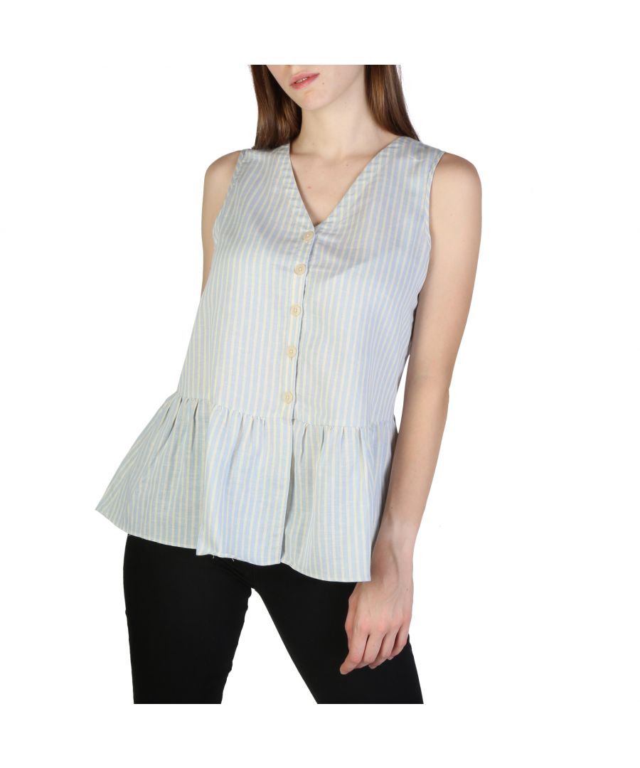 Collection: Spring/Summer <br> Gender: Woman <br> Type: Top <br> Fastening: buttons <br> Sleeves: sleeveless <br> Neckline: V<br>neck <br> Material: cotton 74%, linen 26% <br> Pattern: striped <br> Washing: hand wash <br> Model height, cm: 173 <br> Model wears a size: M <br> Details: visible logo