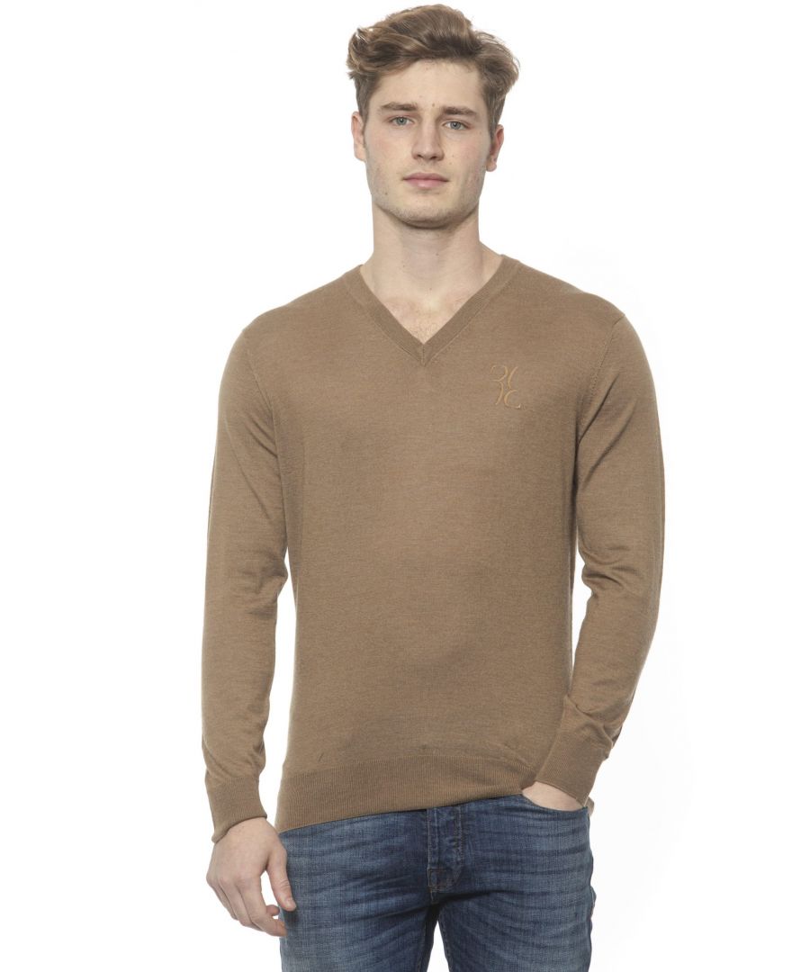 Pull en cachemire à col en V pour homme, avec logo brodé sur la poitrine.