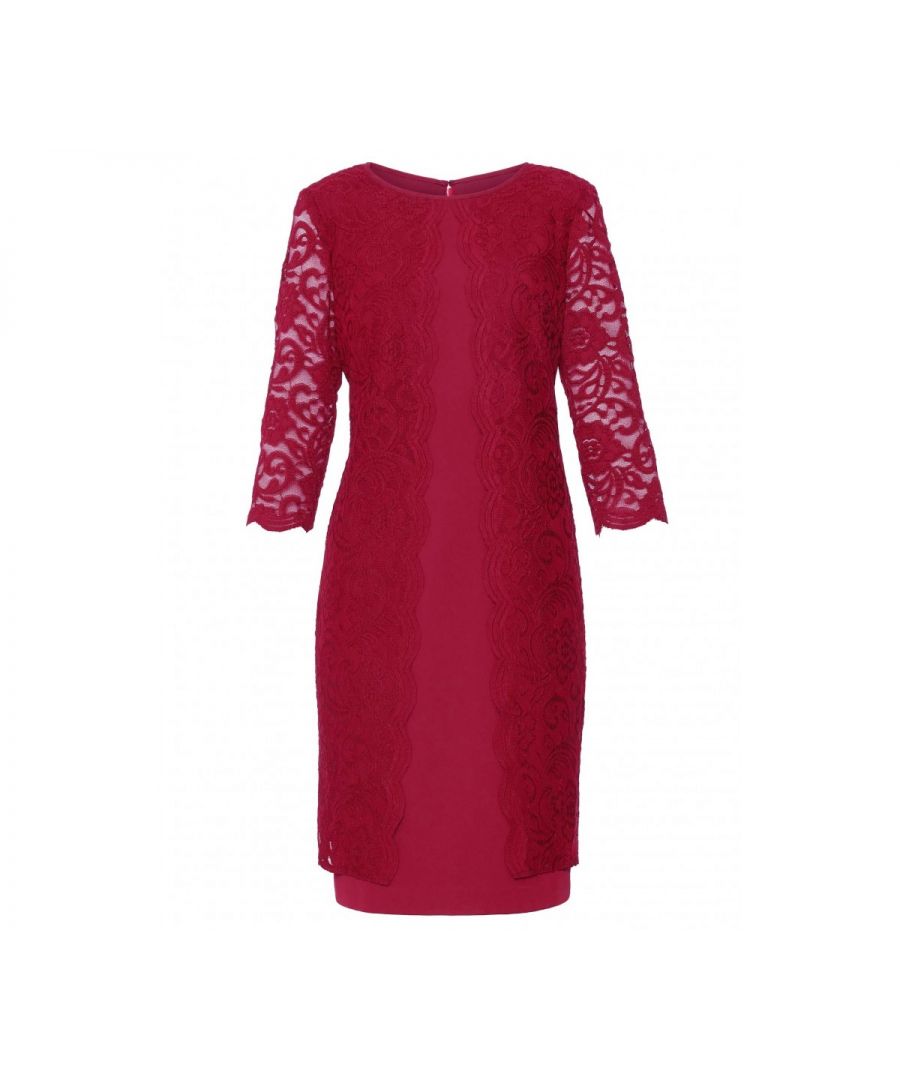 Gina Bacconi presents its stunning crepe and lace dress. This perfect occasionwear piece is comprised of a classic shift dress overlaid with a dainty floral lace. The lace features a scallop lace which adorns the front of the dress and the sleeve edge.The dress is fully lined and fastens using a concealed back zip.