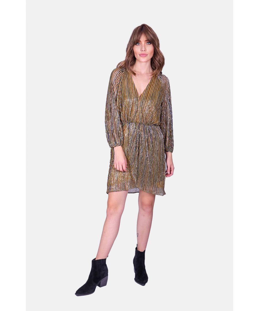 Amp up your evening glamour with Tess Dress. Constructed with a shimmering golden fabric, it is tailored to expertly drape to a wrap-front and fall into a mini hem, while cinching at the waist tie. 65% Polyester 35% Metallic