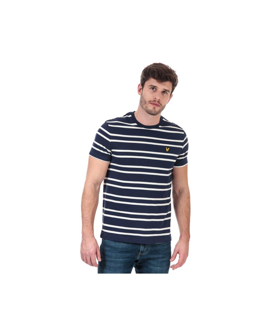 Lyle & Scott Mens And Double Stripe T-Shirt in Navy-White - Blue Cotton - Size S