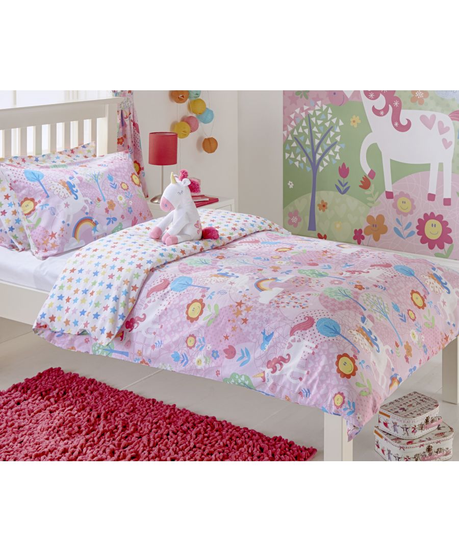 Send your child off to dreamland with this enchanting Unicorn duvet set. The toddler duvet set features a reversible design with a tapestry of unicorns, rainbows and flowers on the front and a multicoloured starred pattern on the reverse. The Unicorn duvet set features a secure button closure and includes a matching reversible pillowcase. Specifically made to coordinate with the matching Riva Home Unicorn curtains, toy and wall mural for a truly immersive experience.