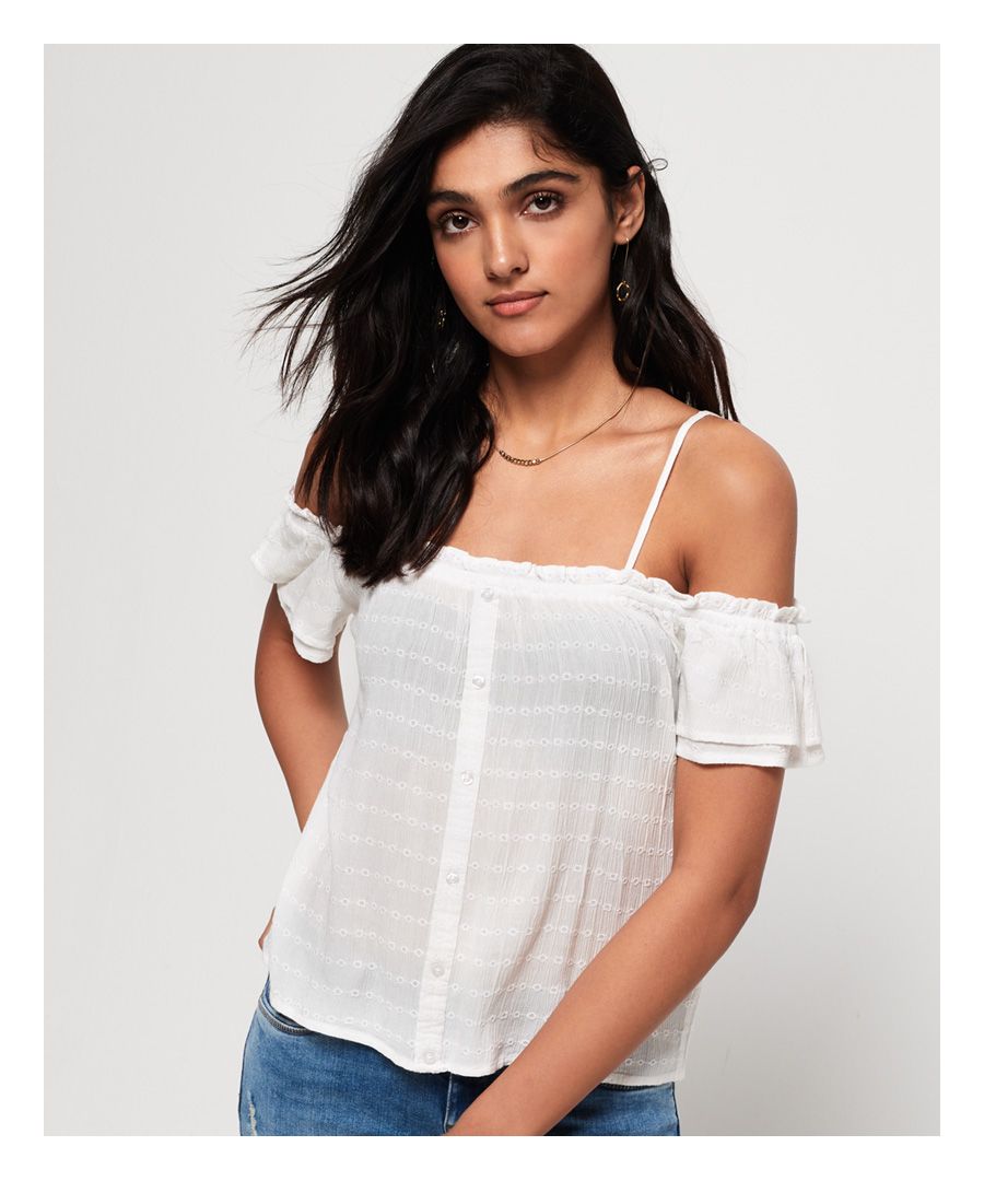 Superdry women's Lea peekaboo top. A great lightweight top for warmer weather, the Lea peekaboo top features off the shoulder sleeves with adjustable spaghetti straps and button fastening down the front. The top is completed with a small metal logo badge on the hem. Style with a denim mini or cut off shorts.