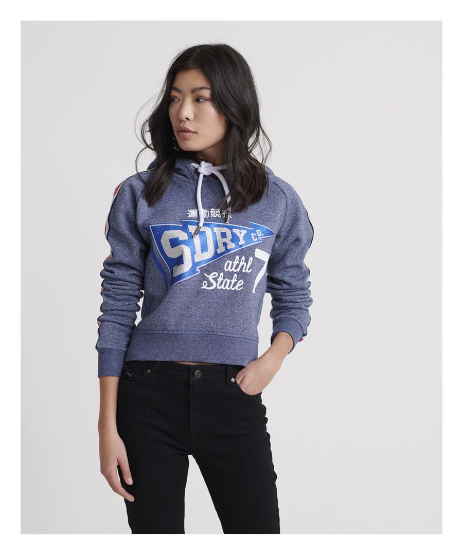 Superdry women's Flying Boutique crop hoodie. A fleece-lined hoodie featuring drawstring adjustable hood, ribbed cuffs and hem, and Superdry branded paneling down the arms. Finished with a textured Superdry logo print across the front.