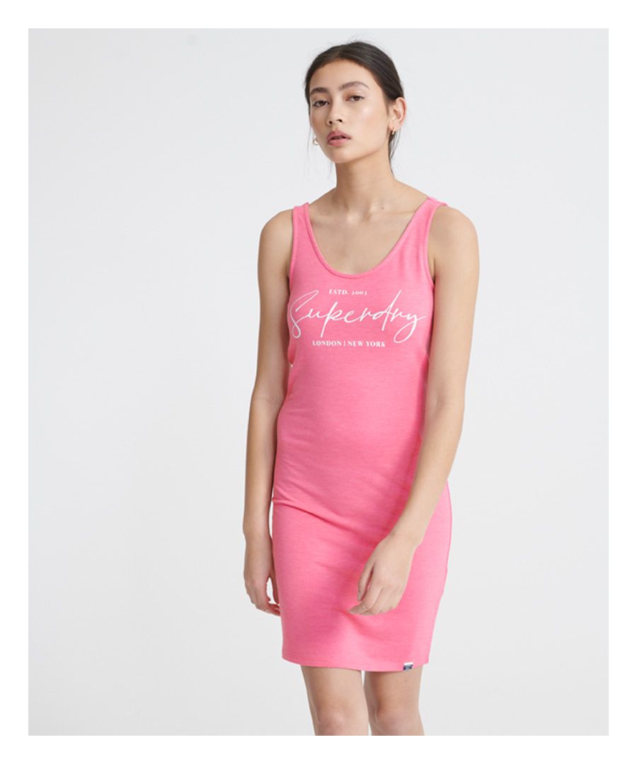 Superdry women's Mini graphic bodycon dress. Featuring shoulder straps, a scoop neckline, and a Superdry logo print on the front. Finished with a Superdry logo tab on the hem.