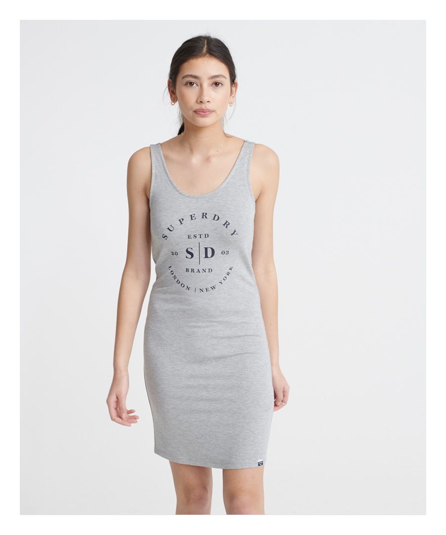Superdry women's Mini graphic bodycon dress. Featuring shoulder straps, a scoop neckline, and a Superdry logo print on the front. Finished with a Superdry logo tab on the hem.