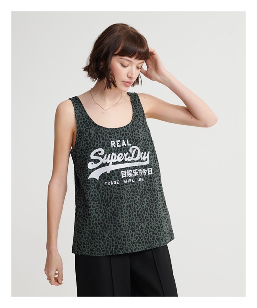 Superdry Womens Vintage Logo Animal Print Classic Vest Top - Green Cotton - Size 10