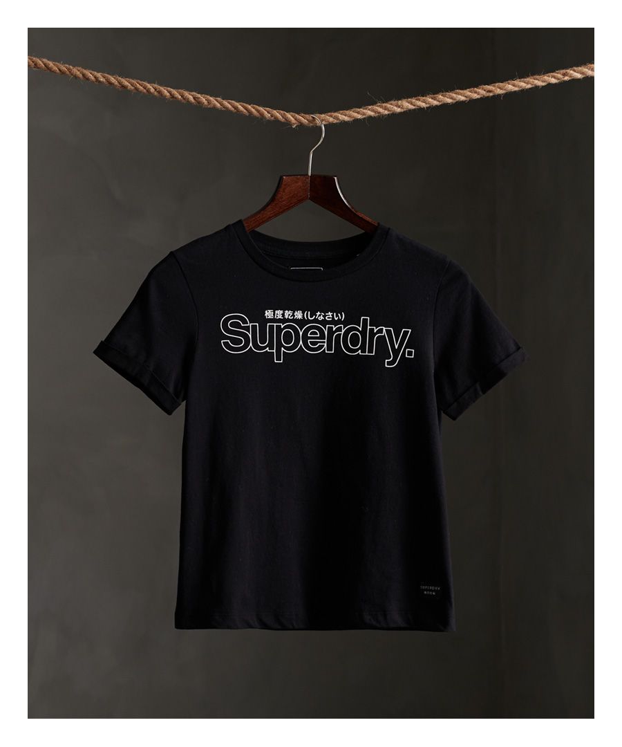 Superdry Womens Swiss Logo Outline Boxy T-Shirt - Black Cotton - Size 6 UK
