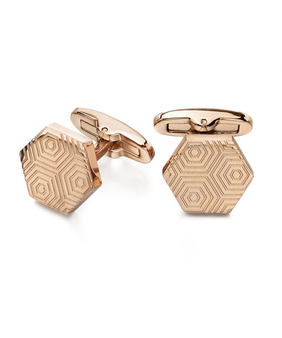 fredbennett fb Mens Stainless Steel Rose Gold IP Plated Etched Hexagon Pattern Hexagonal Shape CufflinksDesign: These stylish and versatile cufflinks by Fred Bennett could make the perfect addition to any mans jewellery collection. Crafted using stainless steel with rose gold plating these uniquely designed etched hex cufflinks can be teamed with jewellery of a similar style for a more coordinated look.Composition: Made from stainless steel with a modern polished finish.Dimensions: Height 14mm, Width 16mm, Depth 2.9mm, Item weight 13gFitting: These cufflinks feature a secure and easy to operate swivel bar fastening.Packaging: This item comes provided with a luxury branded jewellery presentation box which is ideal for gifting and provides a safe place to store the jewellery.