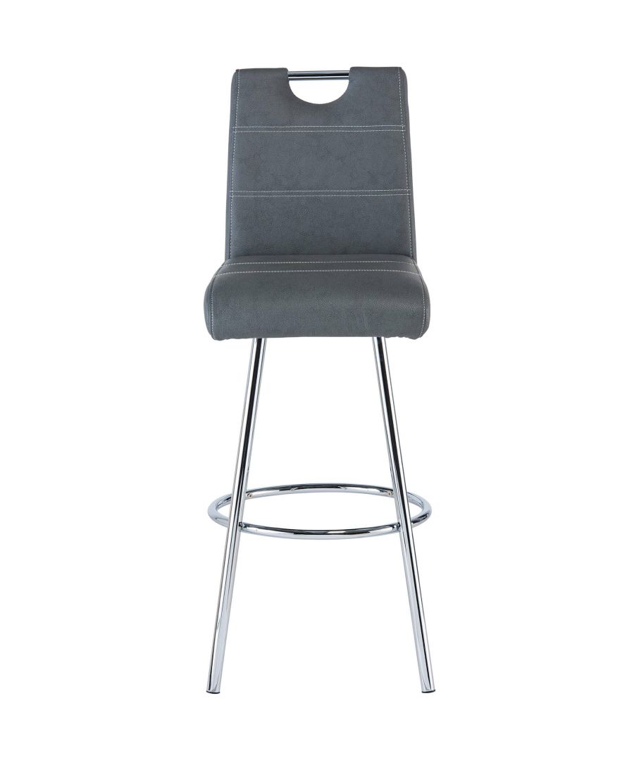 Modern grey bar stool.\n\nHeight: 110cm\nSeat Length: 41cm\nSeat Depth: 48cm\nAssembly Required: Yes\n\nA stylish addition to any residential or commercial premises, this bar stool is part of the Vegas range from World Furniture. Boasting polished chrome legs with a circular footrest in the centre, it comes complete with a grey, faux leather, padded seat with chrome detailing at the top. It is perfect for use in kitchens, dining rooms and bar areas.