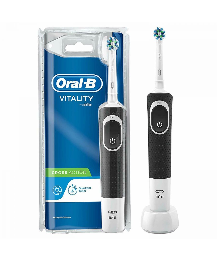 Oral-B vitality black cross action offers superior cleaning and plaque removal. Its brush head adapts to each individual tooth to clean away plaque and gently remove stains. Oral-B is a dentist recommended electric toothbrush brand worldwide.\n\n    Daily Clean - The Oral-B Vitality Cross Action electric rechargeable toothbrush provides a clinically proven superior clean then a regular manual toothbrush.\n    2D CLEANING : The professionally inspired design of the toothbrush head surrounds each tooth as 2D cleaning action oscillates and rotates to remove more plaque than a regular manual toothbrush.\n    2 MINUTES TIMER : A helpful on-handle timer buzzes every 30 seconds to let you know when it�s time to focus on brushing the next quadrant of your mouth. The electric toothbrush also alerts when you have brushed for the dentist-recommended time of 2 minutes.\n    COMPACTIBILITY : Oral-B offers a variety of replacement toothbrush heads to fit your personal oral health needs. The Oral-B Vitality electric toothbrush is compatible with a wide range of Oral-B electric toothbrush heads : Cross Action, 3D White, Sensi Ultrathin, Sensitive Clean, Precision Clean, Floss Action, Tri Zone, Dual Clean, Power Tip, Ortho Care.\n\n\nKey Features : \n\n    The essential toothbrush to achieve an everyday clean.\n    Oscillates and rotates to remove plaque.\n    Superior 2D Cleaning Action.\n    Built-in 2-minute quadrant timer.\n    7600 rotations every minute gives effective brushing\n\nProduct Specifications : \n\n    Product Dimension : 30 x 20 x 15 cm\n    Product Weight : 109 g\n    Brand : ORAL-B\n    Batteries : 1 AA batteries required. \n    Toothbrush type : Rotating-oscillating toothbrush\n    Integrated timer : Yes\n    Power source: Battery\n    Battery type: Built-in\n    Rechargeable: Yes\n    Product colour : Black \n\nBox Content : \n\n    1 x toothbrush handle with 2-pin charger\n    1 x toothbrush head\n\nPreparation and Usage :\nHow To Use Your electric toothbrush? Wet the brush head and apply toothpaste. Place the toothbrush in the mouth and turn on. Guide the brush head slowly from tooth to tooth. Hold the toothbrush head in place for a few seconds before moving on to the next tooth. Brush the gums as well as the teeth, first the outsides, then the insides, finally the chewing surfaces.\n\nSafety Warning:\nPeriodically check the cord for damage. If the cord is damaged, take the charging unit to an Oral-B Braun Service Centre. A damaged or non-functioning unit must no longer be used. Not intended for use by children under age of 3 years. This appliance is not intended for use by children or persons with reduced physical, sensory or mental capabilities, unless they are supervised by a person responsible for their safety. In general, we recommend that you keep the appliance out of the reach of children. Children should be supervised to ensure they do not play with the appliance. If the product is dropped, the brush head should be replaced before the next use, even if no damage is visible. Do not place or store the charger where it can fall or be pulled into a tub or sink. Do not place the charger in water or other liquid. Do not reach for a charger that has fallen into water. Unplug immediately. Do not modify or repair the product. This may cause fire, electric shock or injury. Consult your dealer for repairs or contact an Oral-B Service Centre. Do not disassemble the product except when disposing of the battery. When taking out the battery for disposal, use caution not to short the positive (+) and negative (-) terminals. Do not insert any object into any opening of the appliance / charging unit. Do not touch the power plug with wet hands. This can cause electric shock. When unplugging, always hold the power plug instead of the cord. Use this product only for its intended use as described. Do not use attachments which are not recommended by the manufacturer. If you are undergoing treatment for any oral care condition, consult your dental professional prior to use.\n\nOral-B Vitality white and clean electric rechargeable toothbrush powered by Braun\nDiscover the next level of oral care, brought to you by Oral-B, a worldwide leader in toothbrushes *. Each Oral-B electric toothbrush provides a clean vs. a regular manual toothbrush. Find your ideal electric toothbrush from Oral-B - the #1 dentist used and recommended brand, worldwide. *\n\n* Based on surveys of a representative worldwide sample of dentists carried out for P&G regularly\n\n\nOral-B Vitality White and Clean Electric Rechargeable Toothbrush\nThe Oral-B Vitality electric toothbrush provides a clinically proven clean vs. a regular manual toothbrush. The round shape of the White + Clean toothbrush head is designed to clean tooth by tooth, and 2D cleaning action oscillates and rotates for better plaque removal than a regular manual toothbrush. An in-handle timer helps you brush for a dentist-recommended 2 minutes.\n\nThe professionally inspired design of the toothbrush head surrounds each tooth as 2D cleaning action oscillates and rotates to remove more plaque than a regular manual toothbrush.\n\nA helpful on-handle timer buzzes every 30 seconds to let you know when it�s time to focus on brushing the next quadrant of your mouth. The electric toothbrush also alerts when you have brushed for the dentist-recommended time of 2 minutes.\n\nDaily Clean - comprehensive everyday cleaning.\n\t\nOral-B offers a variety of replacement toothbrush heads to fit your personal oral health needs. The Oral-B Vitality electric toothbrush is compatible with a wide range of Oral-B electric toothbrush heads so you can get the clean you need, every time. Remember to change your toothbrush head as dentists recommend, every three or four months or when bristles are faded and worn to maintain a high level of cleanliness.\nOral-B Vitality white and clean electric rechargeable toothbrush powered by Braun\n\nThe Oral-B Vitality electric toothbrush features 2D cleaning action that cleans in two ways - oscillates and rotates - to remove more plaque than a regular manual toothbrush. However, when you upgrade to other electric toothbrushes, you can experience the cleaning power of 3D cleaning action that oscillates, rotates and pulsates for up to 100 percent more plaque removal.s. a regular manual toothbrush.