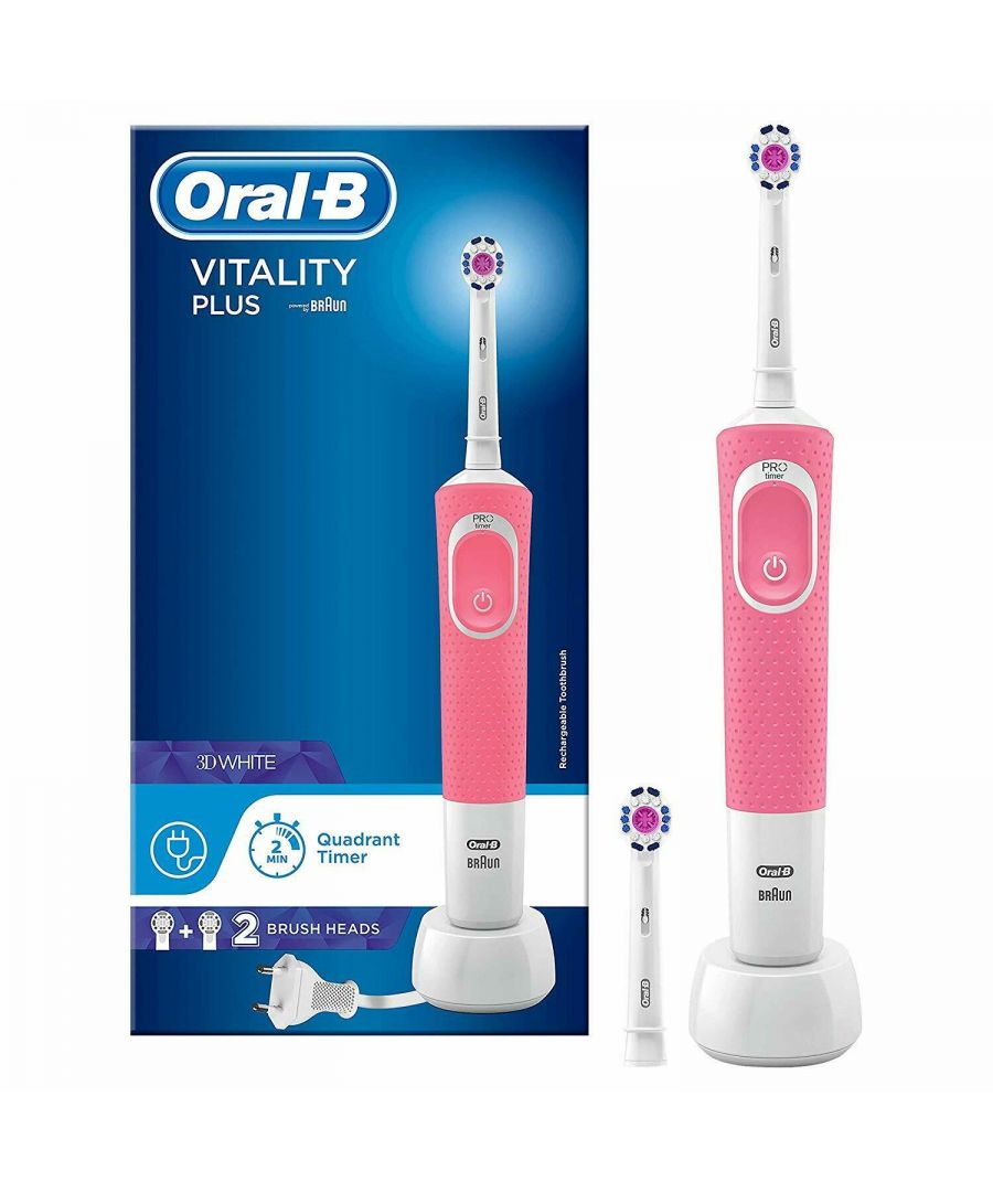 Oral-B Vitality Plus 3D White Electric Toothbrush 1 Handle With 2 Brush Heads\n\nThe Oral-B vitality plus electric toothbrush provides a clinically proven clean versus a regular manual toothbrush. Inspired by professional dental tools, the 3D white toothbrush head is designed to clean tooth-by-tooth. It has a specially designed polishing cup to help remove surface stains while bristles clean away plaque and is ideal for enhanced cleaning and whitening. An in-handle timer helps you brush for a dentist-recommended 2 minutes. This pack includes two 3D white toothbrush heads. This toothbrush comes with a UK two pin plug.\n\nOral-B White and Clean electric toothbrush powered by Braun\nThe professionally inspired design of the toothbrush head surrounds each tooth as 2D cleaning action oscillates and rotates to remove more plaque than a regular manual toothbrush.\n\nA helpful on-handle timer built in the electric toothbrush alerts when you have brushed for the dentist-recommended time of 2 minutes.\n\nDaily Clean - comprehensive everyday cleaning.\n\nOral-B offers a variety of replacement toothbrush heads to fit your personal oral health needs. The Oral-B Vitality electric toothbrush is compatible with a wide range of Oral-B electric toothbrush heads so you can get the clean you need, every time. Remember to change your toothbrush head as dentists recommend, every three or four months or when bristles are faded and worn to maintain a high level of clean.\nOral-B White and Clean electric toothbrush powered by Braun\n\nThe Oral-B Vitality electric toothbrush features 2D cleaning action that cleans in two ways - oscillates and rotates - to remove more plaque than a regular manual toothbrush. However, when you upgrade to the other electric toothbrushes, you can experience the cleaning power of 3D cleaning action that oscillates, rotates and pulsates for up to 100 per cent more plaque removal.* *vs. a regular manual toothbrush.\n\nKey Features :\n\n    The essential toothbrush to achieve an everyday clean.\n    Removes more plaque than a regular manual toothbrush.\n    Timer in handle-A helpful on-handle timer built in the electric toothbrush alerts when you have brushed for the dentist-recommended time of 2 minutes.\n    Oral-B, the #1 brand used by dentists worldwide.\n\nContent : 1 x toothbrush handle with 2-pin charger, 2 toothbrush heads.\n\nSafety Warning : Not for children under 3 years of age. Adult supervision required.\n\n\nNot Available for the following postcodes:\nAB, BT, DB99, DD9-11, EH35-46, FK18-21, AB, BT, DB99, GY, HS, IM, IV, KA27, KA28, KW, KY9-16, PA, PH, PO30-41, TD, TR21-25, ZE