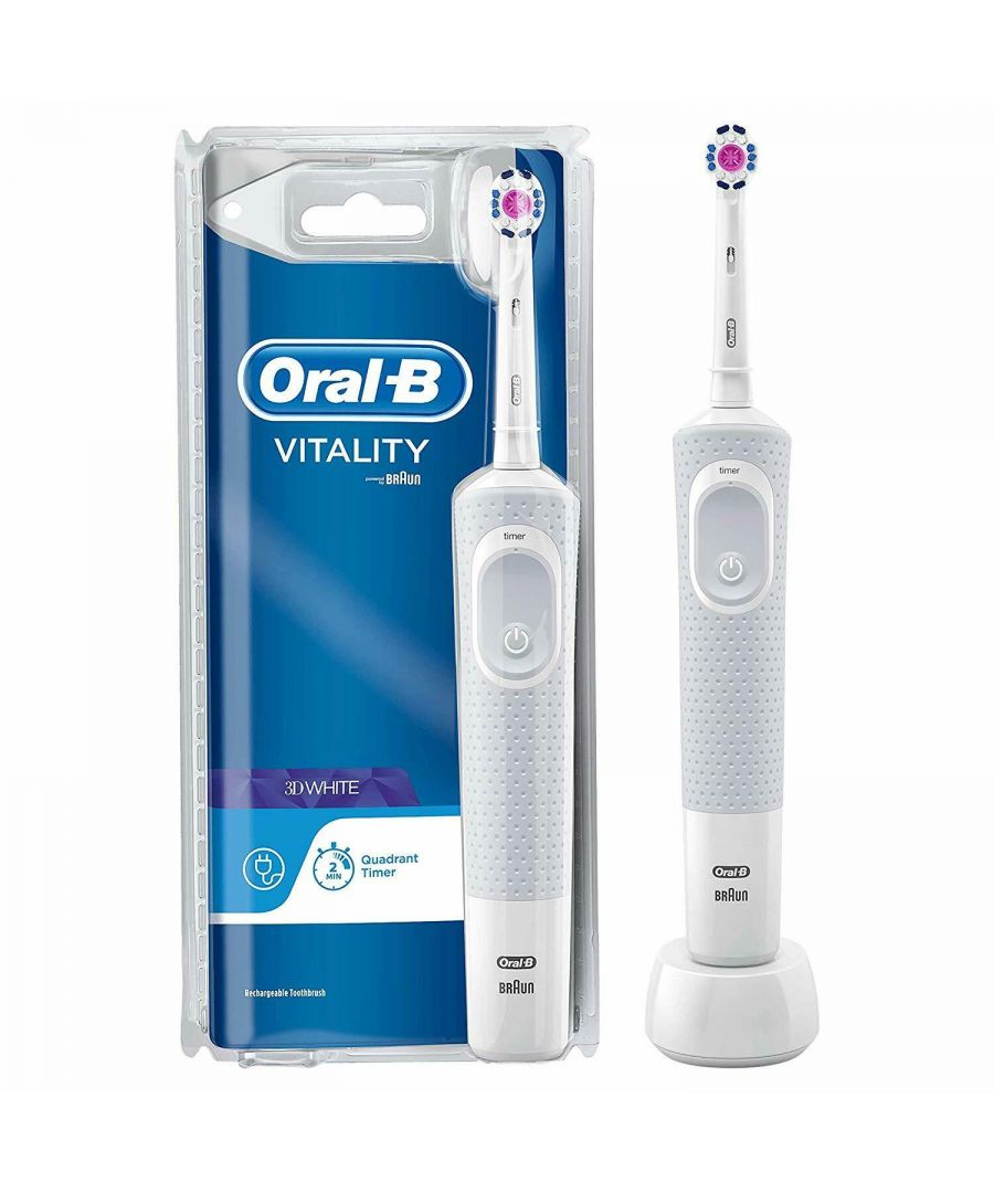 Oral-B Vitality Pro White And Clean Electric Rechargeable Toothbrush With Timer\n\nDesigned to help remove surface stains. Oscillates and rotates to break up plaque and sweep it away. Tooth-by-tooth custom cleaning. Superior cleaning compared to your regular toothbrush, Oral-B vitality white andclean offers superior cleaning and plaque removal. Its brush head adapts to each individual tooth to clean away plaque and gently remove stains. Why use a rechargeable toothbrush? Oral-B is a dentist recommended electric toothbrush brand worldwide. Dentists recommend now using a rechargeable toothbrush to help eliminate common brushing errors, which can lead to more serious oral care problems. All Oral-B rechargeable toothbrushes are clinically proven to remove more plaque than a manual toothbrush.\n\nOral-B Vitality white and clean electric rechargeable toothbrush powered by Braun\n\nDiscover the next level of oral care, brought to you by Oral-B, a worldwide leader in toothbrushes *. Each Oral-B electric toothbrush provides a clean vs. a regular manual toothbrush. Find your ideal electric toothbrush from Oral-B - the #1 dentist used and recommended brand, worldwide. *\n\n* Based on surveys of a representative worldwide sample of dentists carried out for P&G regularly\n\n\nOral-B Vitality White and Clean Electric Rechargeable Toothbrush\nThe Oral-B Vitality electric toothbrush provides a clinically proven clean vs. a regular manual toothbrush. The round shape of the White + Clean toothbrush head is designed to clean tooth by tooth, and 2D cleaning action oscillates and rotates for better plaque removal than a regular manual toothbrush. An in-handle timer helps you brush for a dentist-recommended 2 minutes.\n\nThe professionally inspired design of the toothbrush head surrounds each tooth as 2D cleaning action oscillates and rotates to remove more plaque than a regular manual toothbrush.\n\t\nA helpful on-handle timer buzzes every 30 seconds to let you know when it�s time to focus on brushing the next quadrant of your mouth. The electric toothbrush also alerts when you have brushed for the dentist-recommended time of 2 minutes.\n\t\nDaily Clean - comprehensive everyday cleaning.\n\t\nOral-B offers a variety of replacement toothbrush heads to fit your personal oral health needs. The Oral-B Vitality electric toothbrush is compatible with a wide range of Oral-B electric toothbrush heads so you can get the clean you need, every time. Remember to change your toothbrush head as dentists recommend, every three or four months or when bristles are faded and worn to maintain a high level of cleanliness.\nOral-B Vitality white and clean electric rechargeable toothbrush powered by Braun\n\nThe Oral-B Vitality electric toothbrush features 2D cleaning action that cleans in two ways - oscillates and rotates - to remove more plaque than a regular manual toothbrush. However, when you upgrade to other electric toothbrushes, you can experience the cleaning power of 3D cleaning action that oscillates, rotates and pulsates for up to 100 per cent more plaque removal.* *vs. a regular manual toothbrush.\n\n\nDirections : For different benefits, also try with compatible brush heads: - Sensitive Clean - Precision Clean - Floss Action - Dual Clean - Specialized Ortho heads\n\nSafety Warnings : Periodically check the cord for damage. If the cord is damaged, take the charging unit to an Oral-B Braun Service Centre. A damaged or non-functioning unit must no longer be used. Not intended for use by children under age of 3 years. This appliance is not intended for use by children or persons with reduced physical, sensory or mental capabilities, unless they are supervised by a person responsible for their safety. In general. we recommend that you keep the appliance out of the reach of children. Children should be supervised to ensure they do not play with the appliance. If the product is dropped, the brush head should be replaced before the next use, even if no damage is visible. Do not place or store the charger where it can fall or be pulled into a tub or sink. Do not place the charger in water or other liquid. Do not reach for a charger that has fallen into water. Unplug immediately. Do not modify or repair the product. This may cause fire, electric shock or injury. Conmsult your dealer for repairs or contact an Oral-B Service Centre. Do not disassemble the product except when disposing of the battery. When taking out the bnattery for disposal, use caution not to short the positive (+) and negative (-) terminals. Do not insert any object into any opening of the appliance / charging unit. Do not touch the power plug with wet hands. This can cause electric shock. When unplugging, always hold the power plug instead of the cord. Use this product only for its intended use as described. Do not use attachments which are not recommended by the manufacturer. If you are undergoing treatment for any oral care condition, consult your dental professional prior to use.\n\nNot Available for the following postcodes:\nAB, BT, DB99, DD9-11, EH35-46, FK18-21, AB, BT, DB99, GY, HS, IM, IV, KA27, KA28, KW, KY9-16, PA, PH, PO30-41, TD, TR21-25, ZE