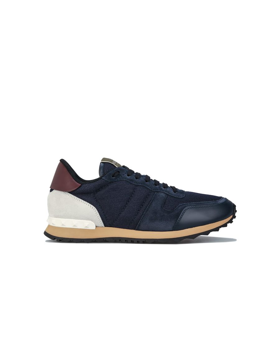 Mens Valentino Fabric Rockrunner Trainers in navy.<BR><BR>- Suede  and leather upper.<BR>- Suede trims.<BR>- Rubber stud detailing.<BR>- Logo patch at the tongue.<BR>- Lace-up fastening.<BR>- Round toe.<BR>- Studded heels  mesh linings  gripped rubber soles.<BR>- Regular fit.<BR>- Leather and suede upper  Textile lining  Synthetic sole.<BR>- Ref: VY2S0723TCVH07