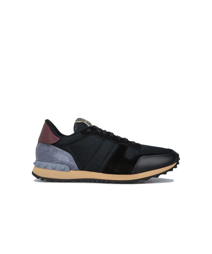 Mens Valentino Fabric Rockrunner Trainers in black.<BR><BR>- Suede  and leather upper.<BR>- Suede trims.<BR>- Rubber stud detailing.<BR>- Logo patch at the tongue.<BR>- Lace-up fastening.<BR>- Round toe.<BR>- Studded heels  mesh linings  gripped rubber soles.<BR>- Regular fit.<BR>- Leather and suede upper  Textile lining  Synthetic sole.<BR>- Ref: VY2S0723TCVH52