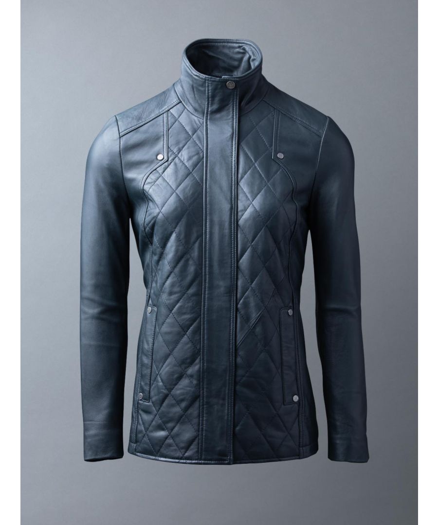 The Coniston coat is an elegant outerwear style every woman needs to invest in this season. Crafted from soft lamb leather in a rich navy colourway, Coniston features contemporary quilted stitch detailing, brand embossed hardware plus a zip and popper fastening to protect you from the elements.