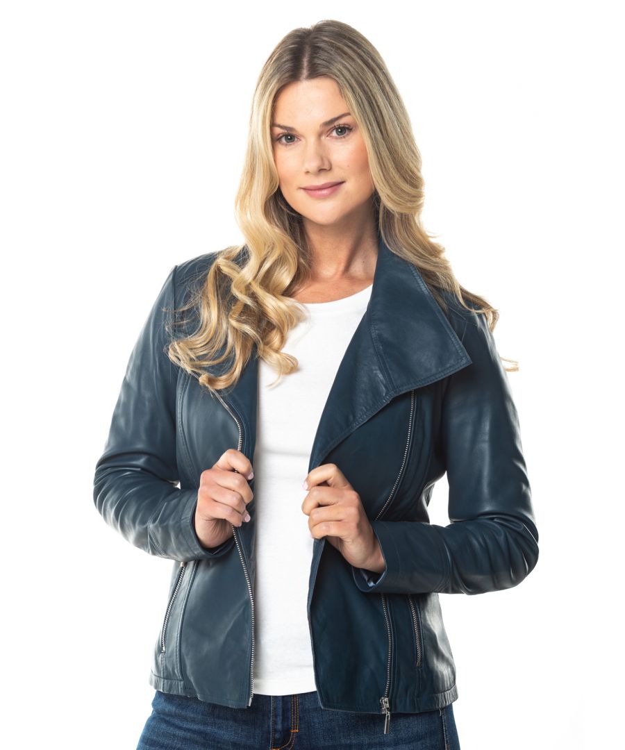 The customer favourite Jill is back again in classic navy colourway. The Jill is a style that returns year after year in new colourways. It's a best-selling style for a reason. The casual cut and slightly longer length accommodates all shapes and sizes. The larger collar is incredibly flattering with subtle design features that create the perfect casual biker jacket look.  Crafted from soft touch aniline leather, the ever on-trend biker jacket features definitive details such as an asymmetric zip and two zipped pockets with brushed chrome metalwork.