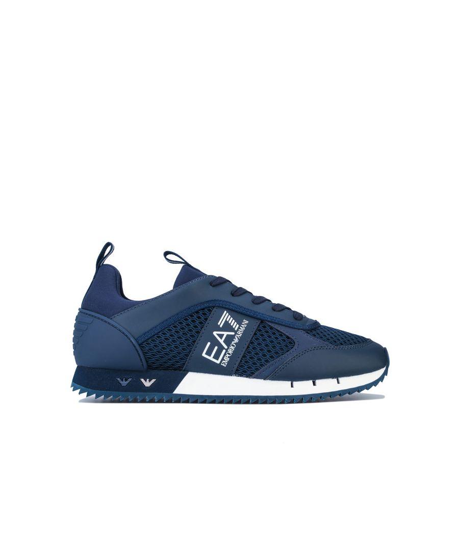 Emporio Armani Mens B&W Mesh Run Trainers in navy.- Contrasted EA7 Emporio Armani branding to the sidewall and midsole.- Mesh upper to keep your feet cool.- Rubber support to the heel.- Embossed branding to the heel.- Reflective strip to the tongue and heel.- Main upper: 100% polyester.- Ref: X8X027 XK050 D813