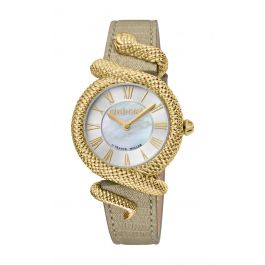 Roberto Cavalli Women's Watch, Gold Color Case, Silver & White Mother of Pearl Dial, Gold Strap, 2 Hands, 3 ATM