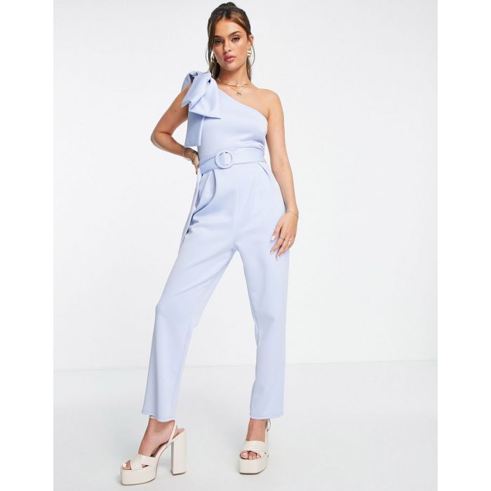 Asos Design Scuba Bow One Shoulder Belted Jumpsuit In Pastel Blue