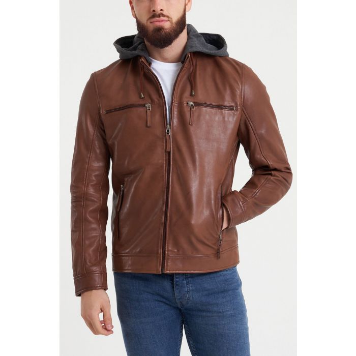 Barneys Originals Mens Hooded Leather Biker in Tan - Black - Size Small