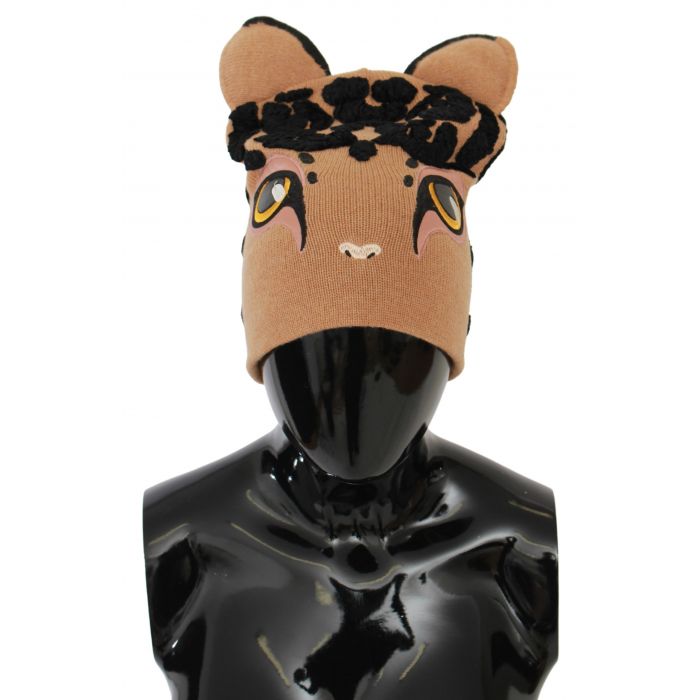Dolce & Gabbana Brown Cats Eye Embroidered Beanie Cashmere Hat