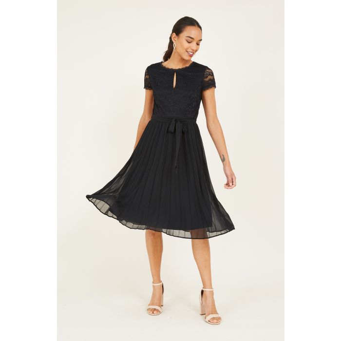 Yumi Black Lace Bodice Skater Dress With Pleated