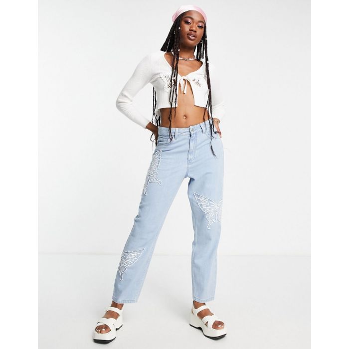 Miss Selfridge butterfly print embroided mom jean bleach wash-Blue