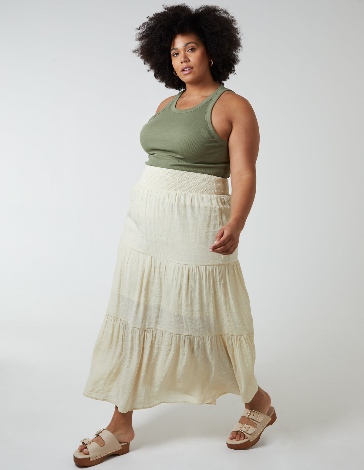 Blue Vanilla Womens Curve Tiered Shirred Maxi Skirt - Stone - Size UK 26-28