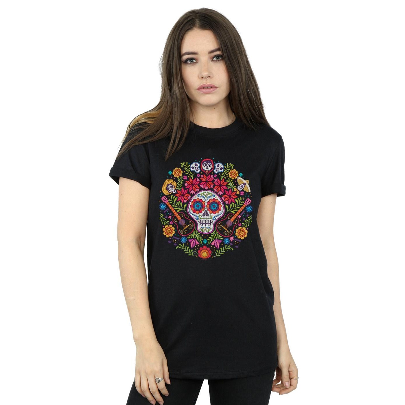 Disney Womens/Ladies Coco Embroidered Skull Print Cotton Boyfriend T-Shirt (Black) dam – bild 2