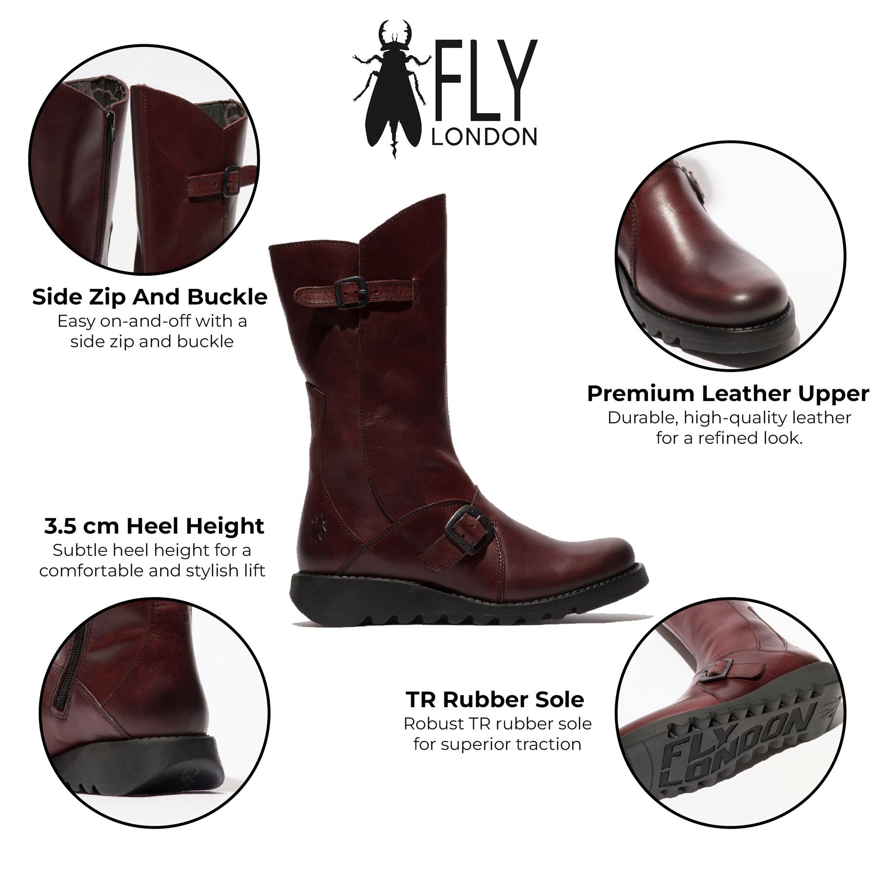 Fly London Womens Wine MES 2 Wedge Heel Buckle Mid-Calf Leather Zip Platform Boots kängor dam – bild 2