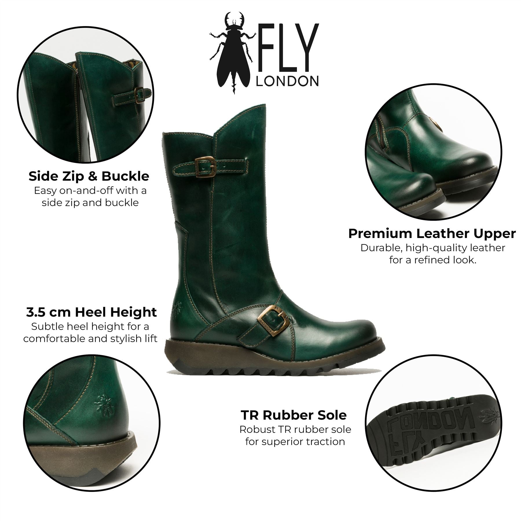 Fly London Womens Green MES 2 Wedge Heel Buckle Mid-Calf Leather Zip Platform Boots kängor dam – bild 2