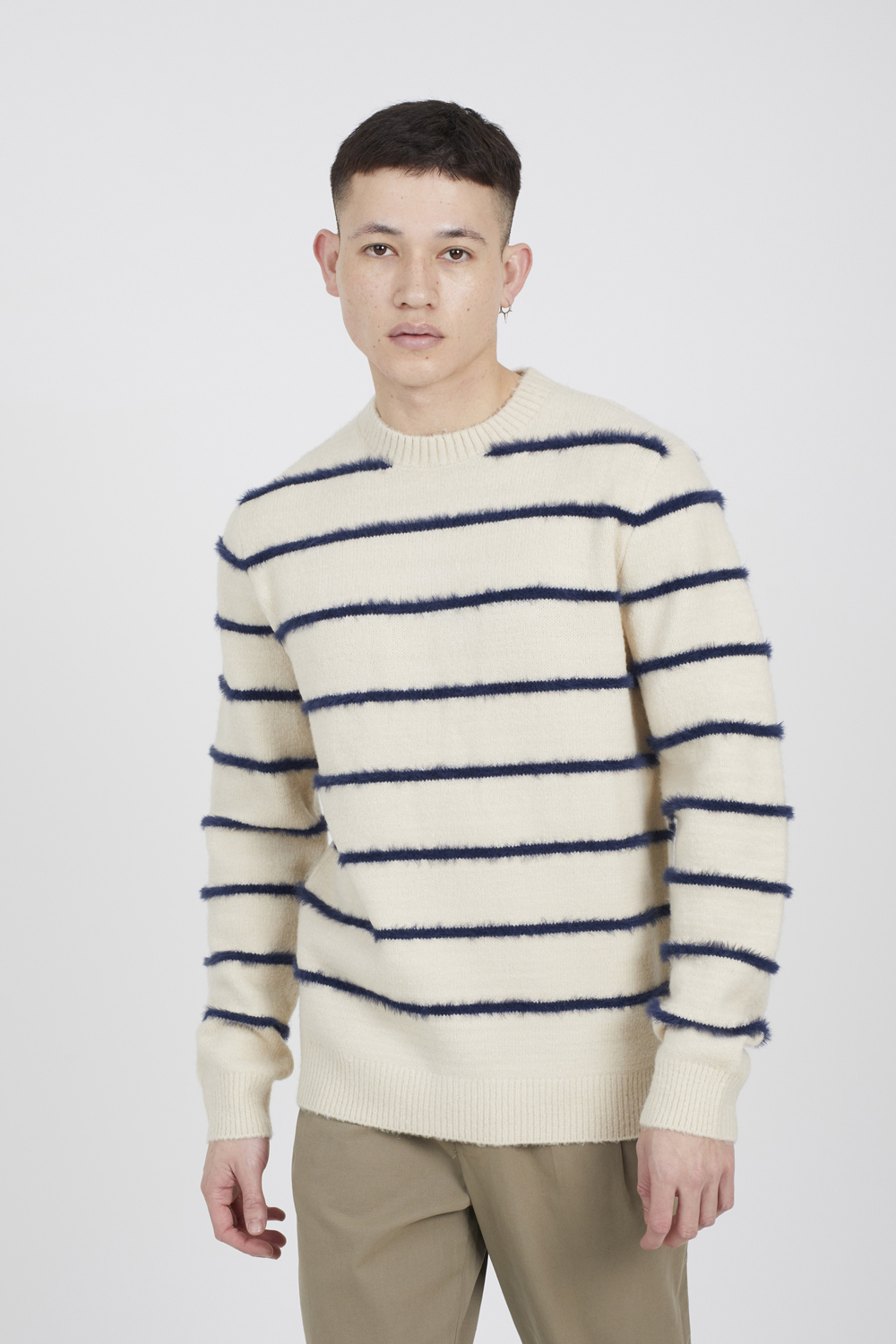 Brave Soul Mens Ecru High Crew Neck Striped Knit Jumper - Size X-Large