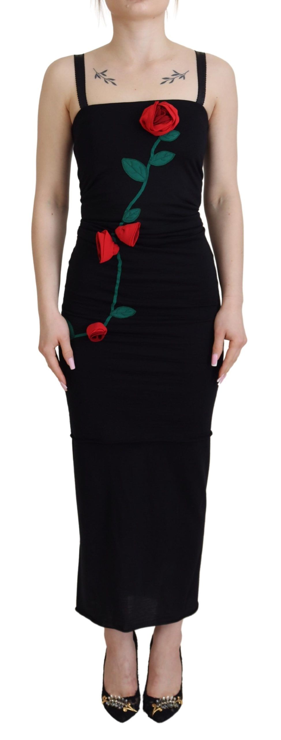 Thumbnail - Dolce & Gabbana Schwarzes Schlichtkleid Bodycon mit Stretch und Rosen für Damen