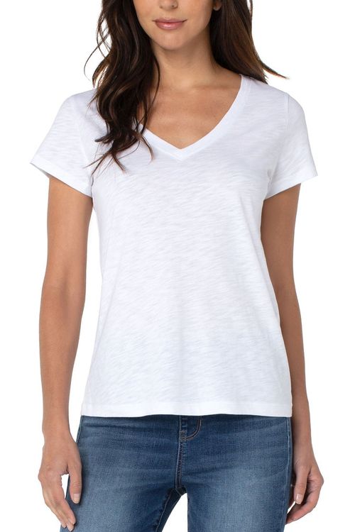 Thumbnail - Weißes Slub-Strick-T-Shirt mit V-Ausschnitt